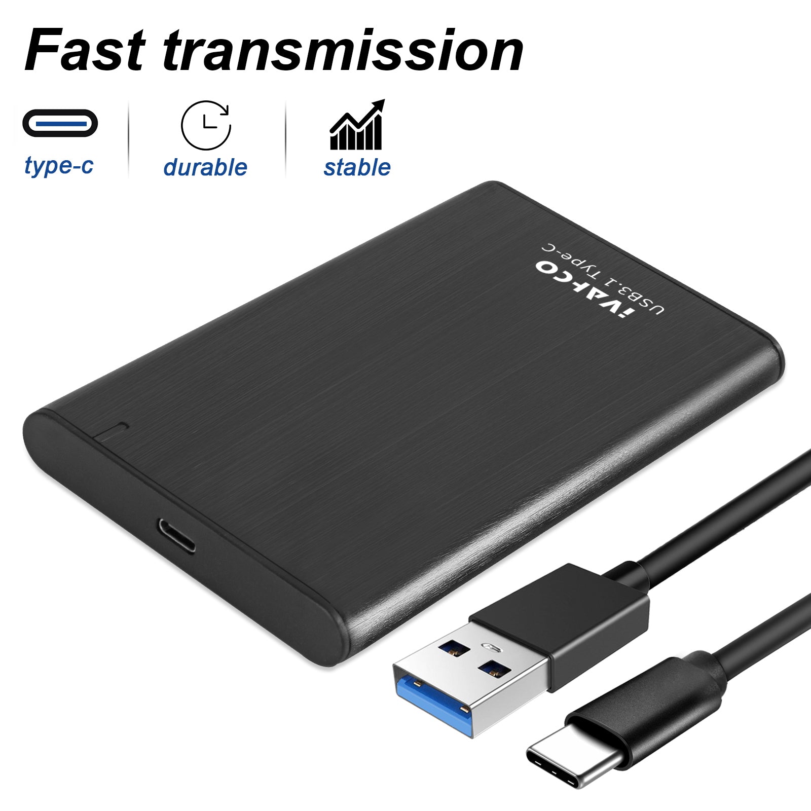 IVAHCO 500GB Type-C USB3.1 2.5 HDD External Case Brushed Metal Solid State Drive Enclosure with Indicator Black IVAHCO 500GB Type-C USB3.1 2.5 HDD External Case Brushed Metal Solid State Drive Enclosure with Indicator Black